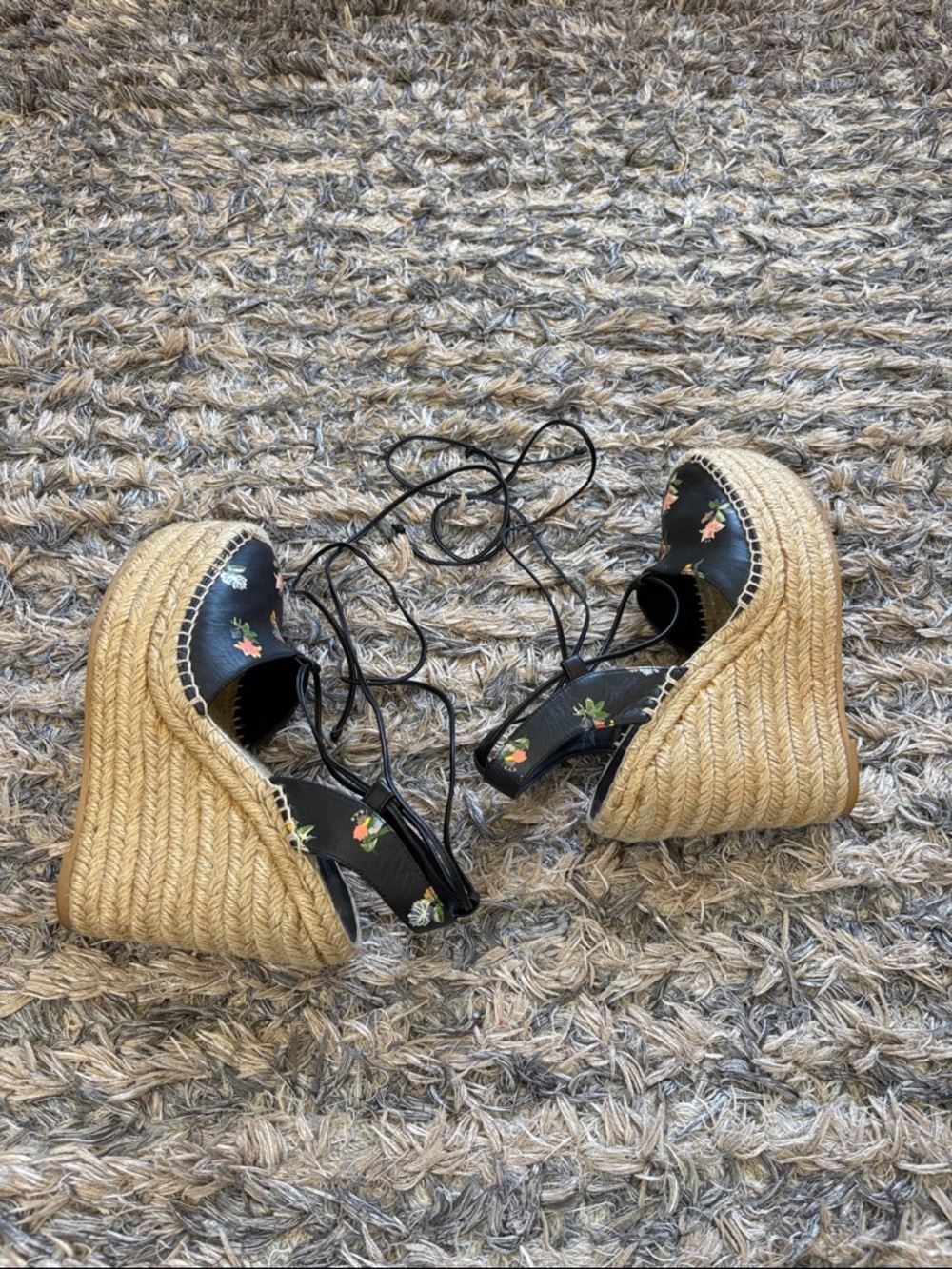 Saint Laurent Natural Raffia Wedges with Black Floral Ties 36 - Picture 7 of 13